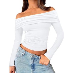 image:imageTrendy Queen Women Long Sleeve Shirts Off Shoulder Tops Going Out Crop Sexy Slim Fitted Y2K Fall Outfits 2026 Fashion ClothesWhite