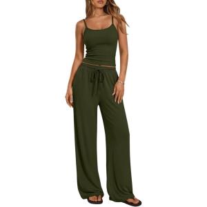image:imageTrendy Queen Womens 2 Piece Lounge Set Spring Outfits  Camisole Top amp Wide Leg PantsArmy Green