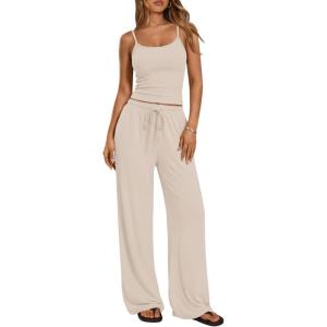 image:imageTrendy Queen Womens 2 Piece Lounge Set Spring Outfits  Camisole Top amp Wide Leg PantsBeige