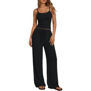 image:imageTrendy Queen Womens 2 Piece Lounge Set Spring Outfits  Camisole Top amp Wide Leg PantsBlack