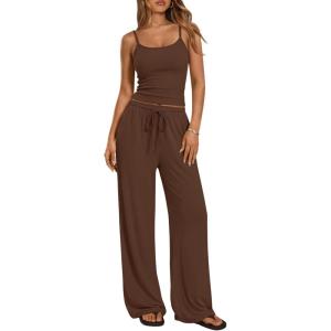 image:imageTrendy Queen Womens 2 Piece Lounge Set Spring Outfits  Camisole Top amp Wide Leg PantsCoffee