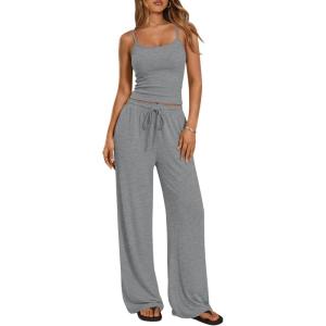 image:imageTrendy Queen Womens 2 Piece Lounge Set Spring Outfits  Camisole Top amp Wide Leg PantsDark Grey