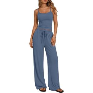 image:imageTrendy Queen Womens 2 Piece Lounge Set Spring Outfits  Camisole Top amp Wide Leg PantsDusty Blue