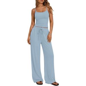 image:imageTrendy Queen Womens 2 Piece Lounge Set Spring Outfits  Camisole Top amp Wide Leg PantsLight Blue