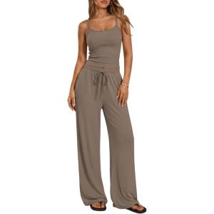 image:imageTrendy Queen Womens 2 Piece Lounge Set Spring Outfits  Camisole Top amp Wide Leg PantsMocha