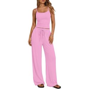 image:imageTrendy Queen Womens 2 Piece Lounge Set Spring Outfits  Camisole Top amp Wide Leg PantsPink