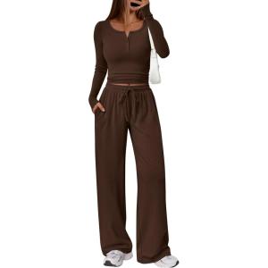 image:imageTrendy Queen Womens 2 Piece Matching Lounge Sets Long Sleeve Henley Neck Slightly Crop Top Wide Leg Pants Casual Sweat SuitCoffee