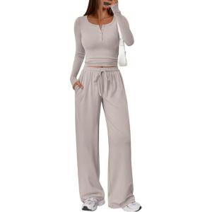 image:imageTrendy Queen Womens 2 Piece Matching Lounge Sets Long Sleeve Henley Neck Slightly Crop Top Wide Leg Pants Casual Sweat SuitLight Apricot