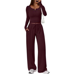 image:imageTrendy Queen Womens 2 Piece Matching Lounge Sets Long Sleeve Henley Neck Slightly Crop Top Wide Leg Pants Casual Sweat SuitWine Red