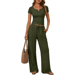 image:imageTrendy Queen Womens 2 Piece Matching Lounge Sets Summer Henley Neck Slightly Crop Top Wide Leg Pants Casual Sweat SuitArmy Green