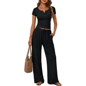 image:imageTrendy Queen Womens 2 Piece Matching Lounge Sets Summer Henley Neck Slightly Crop Top Wide Leg Pants Casual Sweat SuitBlack