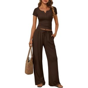 image:imageTrendy Queen Womens 2 Piece Matching Lounge Sets Summer Henley Neck Slightly Crop Top Wide Leg Pants Casual Sweat SuitCocoa