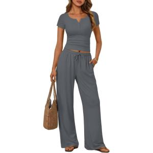 image:imageTrendy Queen Womens 2 Piece Matching Lounge Sets Summer Henley Neck Slightly Crop Top Wide Leg Pants Casual Sweat SuitDark Grey