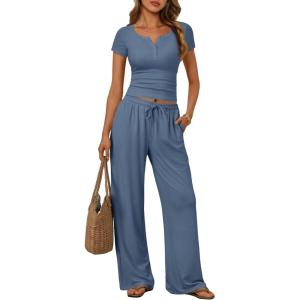 image:imageTrendy Queen Womens 2 Piece Matching Lounge Sets Summer Henley Neck Slightly Crop Top Wide Leg Pants Casual Sweat SuitDusty Blue