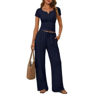 image:imageTrendy Queen Womens 2 Piece Matching Lounge Sets Summer Henley Neck Slightly Crop Top Wide Leg Pants Casual Sweat SuitNavy Blue