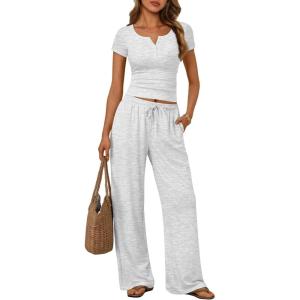 image:imageTrendy Queen Womens 2 Piece Matching Lounge Sets Summer Henley Neck Slightly Crop Top Wide Leg Pants Casual Sweat SuitOatmeal Grey