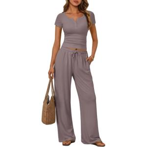 image:imageTrendy Queen Womens 2 Piece Matching Lounge Sets Summer Henley Neck Slightly Crop Top Wide Leg Pants Casual Sweat SuitRose Taupe