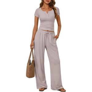 image:imageTrendy Queen Womens 2 Piece Matching Lounge Sets Summer Henley Neck Slightly Crop Top Wide Leg Pants Casual Sweat SuitSmoke