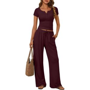 image:imageTrendy Queen Womens 2 Piece Matching Lounge Sets Summer Henley Neck Slightly Crop Top Wide Leg Pants Casual Sweat SuitWine Red