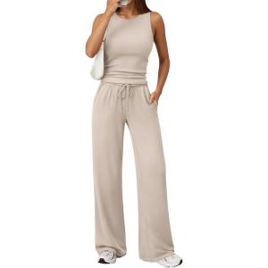 image:imageTrendy Queen Womens 2 Piece Sweatsuits Lounge Sets Track Suits Tank Tops Wide Leg Pants Spring Matching Outfits 2026Beige