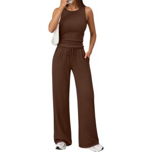 image:imageTrendy Queen Womens 2 Piece Sweatsuits Lounge Sets Track Suits Tank Tops Wide Leg Pants Spring Matching Outfits 2026Coffee
