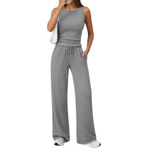 image:imageTrendy Queen Womens 2 Piece Sweatsuits Lounge Sets Track Suits Tank Tops Wide Leg Pants Spring Matching Outfits 2026Grey
