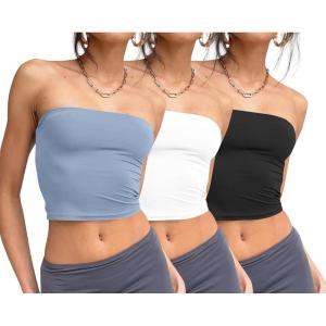image:imageTrendy Queen Womens 3 Pack Tube Tops Crop Going Out Strapless Basic Backless Bandeau Bra Summer Outfits 2026Black white light Blue