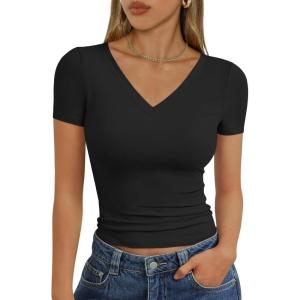 image:imageTrendy Queen Womens Basic V Neck Short Sleeve Spring T Shirts Slim Fit Crop Y2k Tee 2026 Summer Gym Workout Cute TopBlack