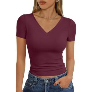 image:imageTrendy Queen Womens Basic V Neck Short Sleeve Spring T Shirts Slim Fit Crop Y2k Tee 2026 Summer Gym Workout Cute TopBurgundy