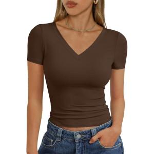 image:imageTrendy Queen Womens Basic V Neck Short Sleeve Spring T Shirts Slim Fit Crop Y2k Tee 2026 Summer Gym Workout Cute TopChocolate Brown
