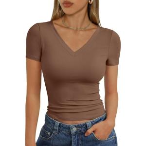 image:imageTrendy Queen Womens Basic V Neck Short Sleeve Spring T Shirts Slim Fit Crop Y2k Tee 2026 Summer Gym Workout Cute TopCoffee