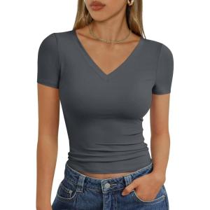 image:imageTrendy Queen Womens Basic V Neck Short Sleeve Spring T Shirts Slim Fit Crop Y2k Tee 2026 Summer Gym Workout Cute TopDarkgrey