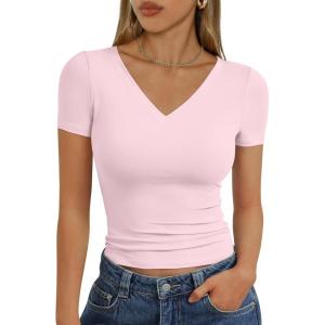 image:imageTrendy Queen Womens Basic V Neck Short Sleeve Spring T Shirts Slim Fit Crop Y2k Tee 2026 Summer Gym Workout Cute TopPink