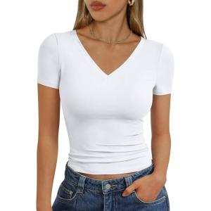 image:imageTrendy Queen Womens Basic V Neck Short Sleeve Spring T Shirts Slim Fit Crop Y2k Tee 2026 Summer Gym Workout Cute TopWhite