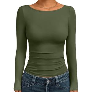 image:imageTrendy Queen Womens Boat Neck Tops Long Sleeve Shirts Casual Fitted Tee Shirts Solid Color Fall Basic Clothes 2026Armygreen