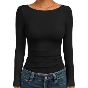 image:imageTrendy Queen Womens Boat Neck Tops Long Sleeve Shirts Casual Fitted Tee Shirts Solid Color Fall Basic Clothes 2026Black
