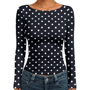 image:imageTrendy Queen Womens Boat Neck Tops Long Sleeve Shirts Casual Fitted Tee Shirts Solid Color Fall Basic Clothes 2026Black and White Dots
