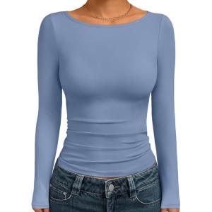 image:imageTrendy Queen Womens Boat Neck Tops Long Sleeve Shirts Casual Fitted Tee Shirts Solid Color Fall Basic Clothes 2026Bluepurple
