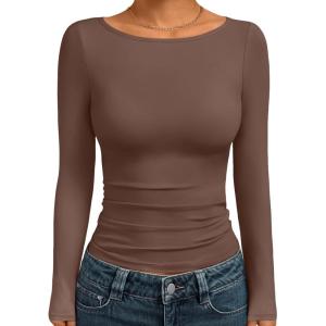 image:imageTrendy Queen Womens Boat Neck Tops Long Sleeve Shirts Casual Fitted Tee Shirts Solid Color Fall Basic Clothes 2026Brown
