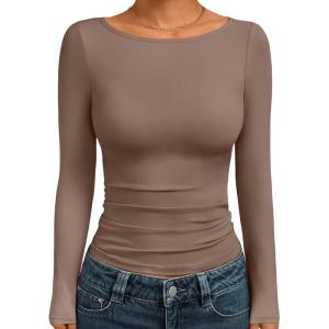 image:imageTrendy Queen Womens Boat Neck Tops Long Sleeve Shirts Casual Fitted Tee Shirts Solid Color Fall Basic Clothes 2026Coffeegray