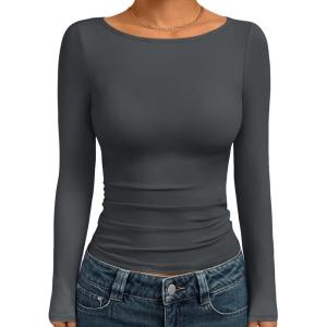 image:imageTrendy Queen Womens Boat Neck Tops Long Sleeve Shirts Casual Fitted Tee Shirts Solid Color Fall Basic Clothes 2026Gray
