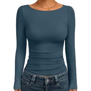 image:imageTrendy Queen Womens Boat Neck Tops Long Sleeve Shirts Casual Fitted Tee Shirts Solid Color Fall Basic Clothes 2026Hazeblue