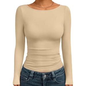 image:imageTrendy Queen Womens Boat Neck Tops Long Sleeve Shirts Casual Fitted Tee Shirts Solid Color Fall Basic Clothes 2026Khaki