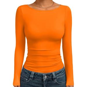 image:imageTrendy Queen Womens Boat Neck Tops Long Sleeve Shirts Casual Fitted Tee Shirts Solid Color Fall Basic Clothes 2026Orange