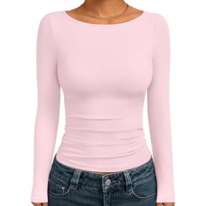 image:imageTrendy Queen Womens Boat Neck Tops Long Sleeve Shirts Casual Fitted Tee Shirts Solid Color Fall Basic Clothes 2026Pink