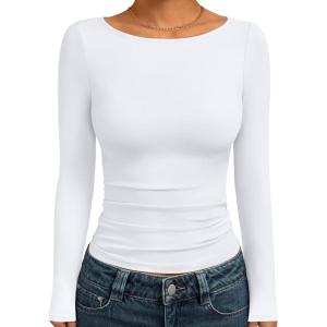 image:imageTrendy Queen Womens Boat Neck Tops Long Sleeve Shirts Casual Fitted Tee Shirts Solid Color Fall Basic Clothes 2026White