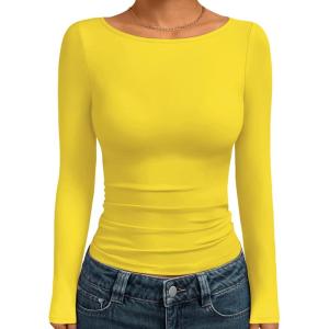 image:imageTrendy Queen Womens Boat Neck Tops Long Sleeve Shirts Casual Fitted Tee Shirts Solid Color Fall Basic Clothes 2026Yellow