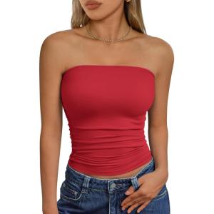 image:imageTrendy Queen Womens Cute Summer Tube Tops Going Out Strapless Ruched Backless Sleeveless Bandeau Y2k Clothes 2025Red