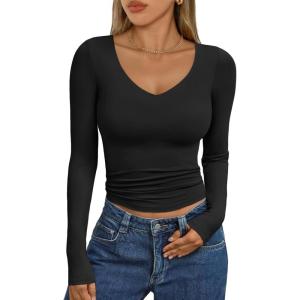 image:imageTrendy Queen Womens Double Lined V Neck Long Sleeve Shirt 2025 Fall Fitted Crop Top Going Out Basic Tee Fashion ClothingBlack