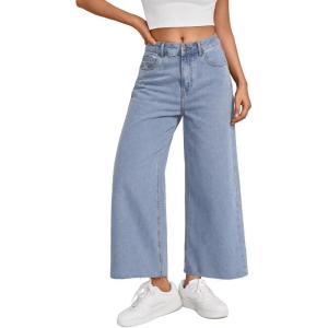 image:imageTrendy Queen Womens High Waisted Straight Wide Leg Jeans Stretchy Barrel Baggy Denim Capri Pants Raw HemLight Blue